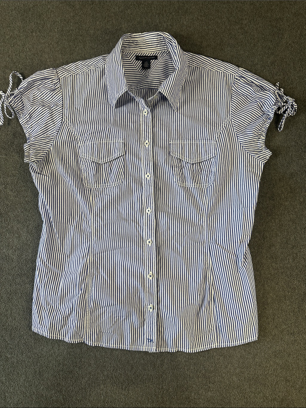 Tommy Hilfiger Womenâs Navy & White Striped Button-Down Shirt (L)